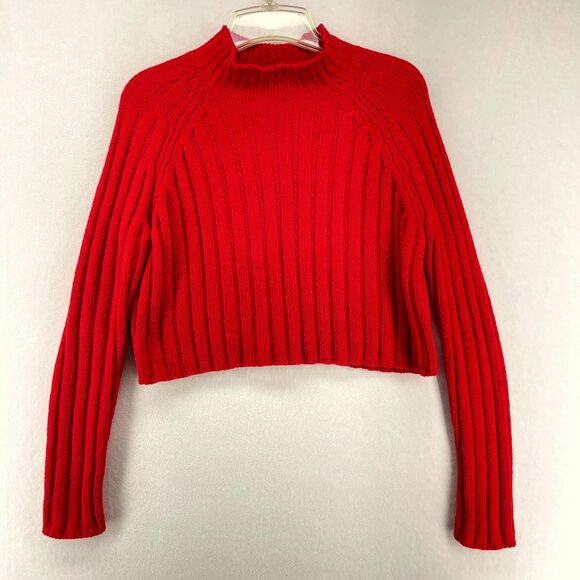American Eagle‎ Fleece Cropped High Neck Sweater Red Color Ladies Size M - Picture 1 of 8